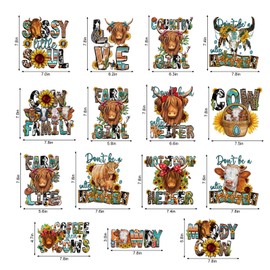 Whaline 15Pcs Western Iron On Transfer Patches ​​Highland Cow Watercolor Heat Transfer Iron Patches ​​Western Floral Farm Cow Heat Transfer Vinyl Stickers for DIY Crafts Clothing Fabric