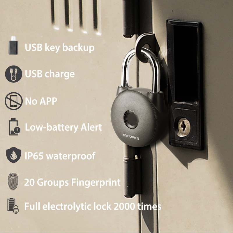 Newisdomake Fingerprint Padlock, Smart Lock with Key Backup, Waterproof for