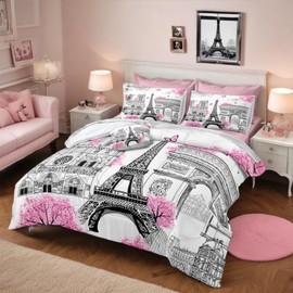 Bedbay 8 Pieces Pink Comforter Set Full Size Paris Bedroom Comforter Pink and Grey Comforter Set Full Bed in a Bag Eiffel Tower Beautiful Blossom Floral Paris Themed Bedroom Decor(Pink,Full)