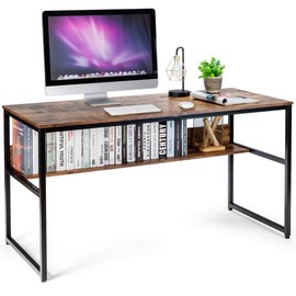 Tangkula 55 Inches Computer Desk with Bookshelf, Study Writing Table w/Storage Shelf & Sturdy Metal Frame, Home Office Desk with Adjustable Foot Pads & Spacious Desktop, Computer Workstation
