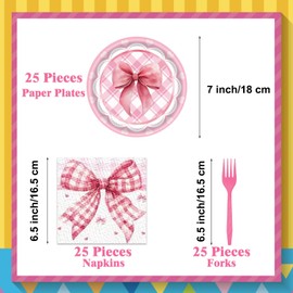 ZJJZOAA 75 Pcs Pink Bow Party Supplies,7 Inch Party Dessert Plates Forks and Napkins for Baby Shower Birtyhday Party Supplies,Pink Bow Tableware Set for Kids 25 Guests