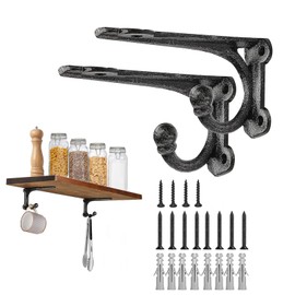 Shelf Brackets 4 Inch 2 Pack, Cast Iron Shelf Brackets for Wall Shelving, Rustic Shelving Brackets with Hooks Black, Heavy Duty Floating Brackets Wall Mounted