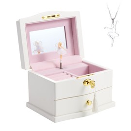 Jozen Gift Ballerina Musical Jewelry Box with Mirror for girls，Kid's Jewelry Storage Music Chest (White-L)