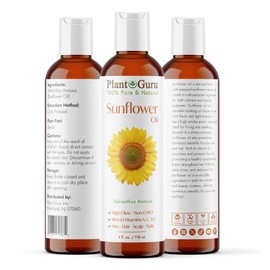 Plant Guru Sunflower Oil 4 fl oz – Cold‑Pressed, 100% Pure & Natural Carrier for Skin, Face, Body, Hair & Cooking. Great for DIY Creams, Lotions, Soaps & Lip Balms.