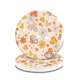 Car Cup Holder Coasters, 2 Pack Universal Auto Anti Slip Insert Coaster,Cerimac Car Coasters with A Finger Notch, Cute Car Assecories for Women Men, Cup Mat for Most Car Interior Mushroom and Flowers