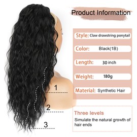 Claw Long Wavy Ponytail Extension Natural Black 30" Curly Pony Tail Clip in Hair Extensions for Women Fluffy Natural Looking Synthetic Hairpiece for Daily Use