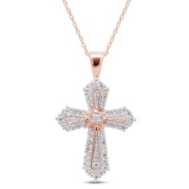 SAVEARTH DIAMONDS 1/4 Cttw Round Lab Created Moissanite Diamond Cross Pendant Necklace In 14K Rose Gold Over Sterling Silver Jewelry For Women With 18" Chain (0.25cttw)