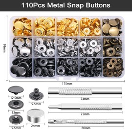 Omsscun 110 pieces press studs, 15 mm press studs without sewing, press stud set with 4 fixing tools, 4 colours heavy duty leather press studs for sewing, leather, clothing, jackets, jeans, wallet