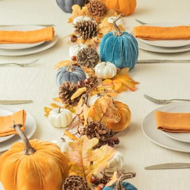 KI Store 19pcs Assorted Velvet Pumpkins with Fall Garland 6ft Fall Table Centerpieces Tablescape for Fall Thanksgiving Decoration