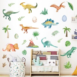 28PCS Watercolor Dinosaur Wall Stickers,Peel and Stick Tropical Forest Dino Wall Decals for Teen Girls Boy Kids Kindergarten Nursery Bedroom Playroom Classroom Home Living Room DIY Decor