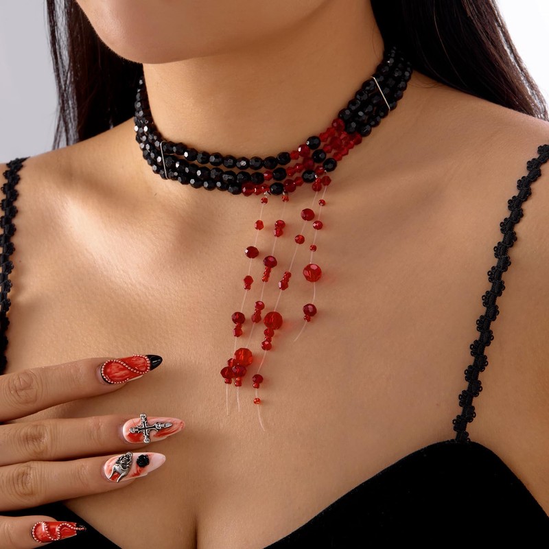 WCRAZYE Gothic Blood Necklace for Women Red Crystal Multi-layered Pearl