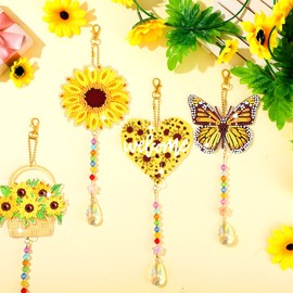 Tradder 6 Pcs Diamond Art Kits Sunflower Diamond Wind Chimes Kit Art Suncatchers Double Sided Butterfly Ornaments with Crystal Pendant for Adults DIY Summer Home Garden Hanging Ornament