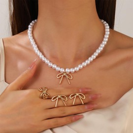 GYRMMUE Vintage Bow Necklace Earrings Set,Pearl Ribbon Bowknot Necklace Earrings Beaded Chain Choker Necklace Crystal Bowknot Stud Earrings Wedding Jewelry for Women (Gold)