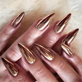Bronze Chrome Press On Nails Almond Medium, 24Pcs Fake Nails Chrome Mirror Glossy Solid Bronze Color, Nail File And Adhesive Tabs Included, Stick Glue On Nails for Women Girls
