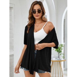 Heymoments Lightweight Cardigan for Women Summer Short Sleeve Open Front Kimonos Cardigans Black Medium Soft Drape Hem Loose Cover Up Casual Blouse Tops