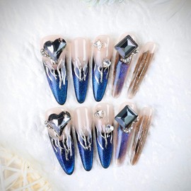 Yazikisa Hand Made Press on Nails Cat Eye Stiletto Fake Nail French Tips Long Almond False Fingernail Heart Bow Charms Glitter Acrylic Gel Manicure Dark Blue 10 Pcs (M)