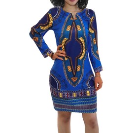 Women Bohemian Bodycon Dress V Neck Long Sleeve Printed African Ethnic Style Midi Dress with Pocket