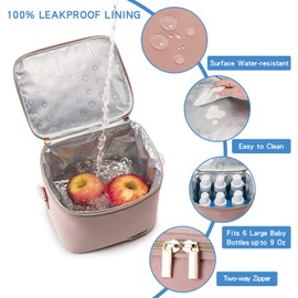 BABEYER Breastmilk Cooler Bag with Ice Pack Fits 6 Baby Bottles Up to 9 Ounce, Baby Bottle Bag with Shoulder Strap for Nursing Mom Daycare, Pink