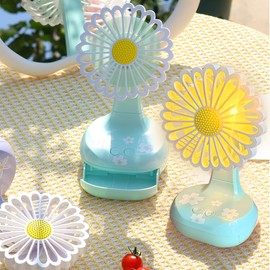 YZYOE Mini Charging Fan with LED Light, Cute Green Chrysanthemum Shaped Small Fan, 3-mode Multifunctional with Storage Box and Stand.