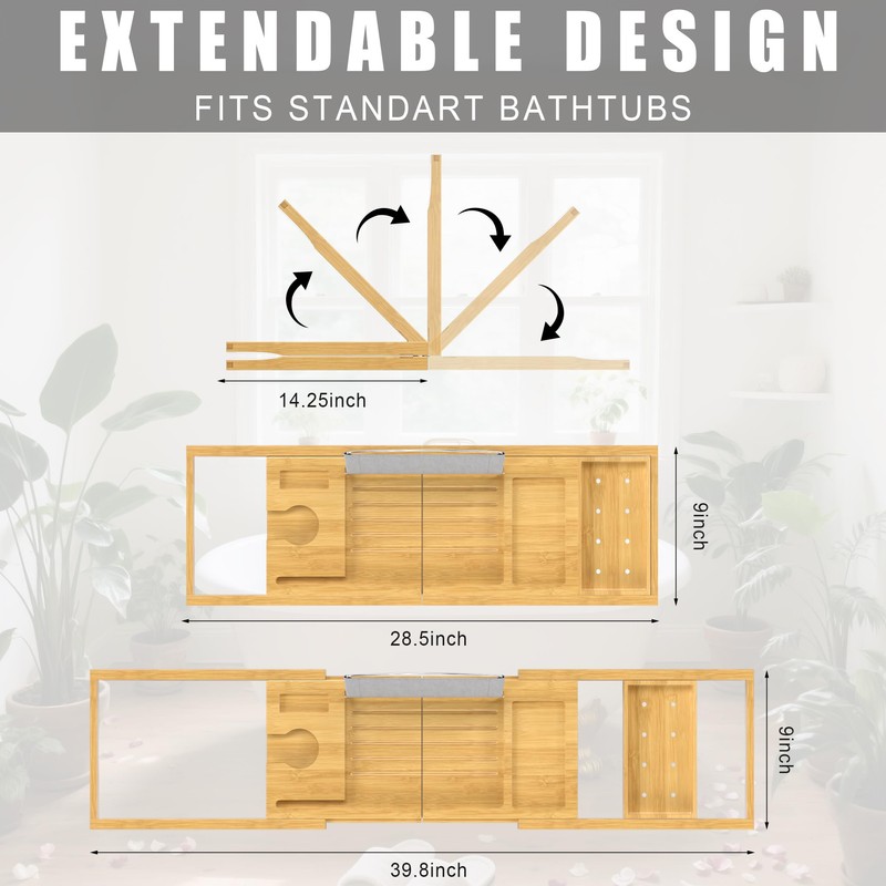 Foldable Bathtub Caddy Tray for Tub,Bamboo Expandable Bath Table Trays,Premium