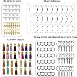 Juego De 200 Kit Llaveros de Acrilico, 30 Llaveros Acrílicos en Blanco, 30 Borlas de Colores, 30 Llaveros de Metal con Cadenas y 110 de Tornillo, para Proyectos de Manualidades Bricolaje