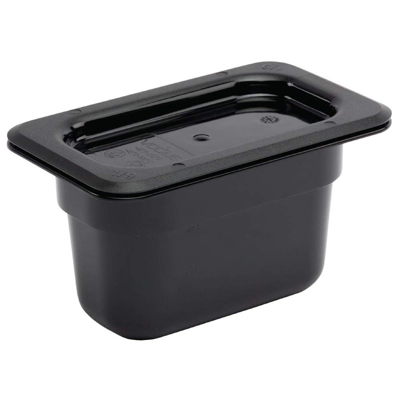 Vogue Polycarbonate Plastic 1/9 Gastronorm Container 100 mm Deep, Black,