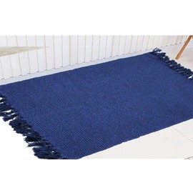 Cotton Bathroom Rug Reversible Laundry Room Rag Rug. Hand Woven Chindi Area Rug Entryway for Kitchen Bathroom Bedroom Dorm (22" x 36", Stripe Navy)