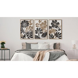 Large Framed Canvas Wall Art - Natural Float Framed Rustic Black Flowers Leaves Pictures Decor Brown Floral Foliage Artwork for Bedroom Living Room Kitchen Home Office Decoration 60" X 28" Set of 3