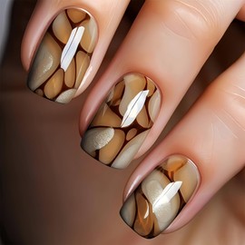 24Pcs Square Press on Nails Short Fake Nails with Designs Brown Lines Glue on Nails Yellow Acrylic False Nails Gold Artificial Nails Glossy Full Cover Stick on Nails for Coquette Women