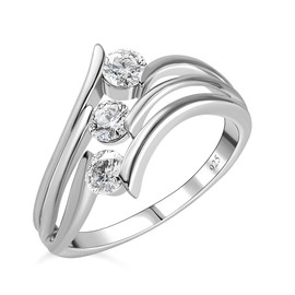 TJC Moissanite Three Stone Ring for Women in Platinum Plated 925 Sterling Silver Size R Metal Wt. 3.4 Grams