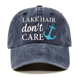 Pishovi Lake Hair Don't Care Distressed Washed Blue Baseball Cap, Vintage Adjustable Cotton Cap, Retirement Gifts for Men Women, Gifts for Fishing Lovers, Lake Vacation Gifts for Mom Dad BFF