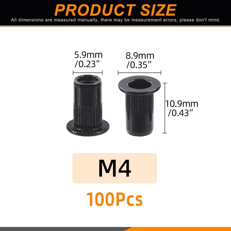 Rustark 100Pcs M4 Rivet Nuts Carbon Steel Black Zinc Plated