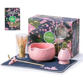 Matcha Whisk Set, Ceramic Matcha Set Includes Matcha Bowl, Matcha Whisk and Holder, Bamboo Scoop, Scoop Rest, Sifter and Tea Towel - 7 Pcs Matcha Kit for Matcha Lovers (Pink)
