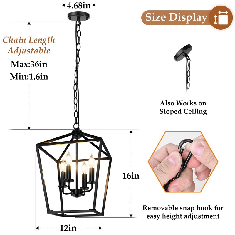 Farmhouse Chandelier 4-Light, Black Pendant Light Fixture for Kitchen Island