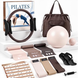 GINMIC Pilates Kit, Pilates Equipment for Women Home Workouts, at Home Pilates Set with Pilates Ring, Pilates Ball, Long and Loop Resistance Bands, Pilates Socks, Massage Ball, Guide & Bag - Brown