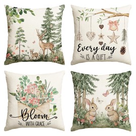 AVOIN colorlife Every Day is A Gift Eucalyptus Flowers Spring Throw Pillow Covers, 18 x 18 Inch Easter Rabbit Pine Tree Decoration Cushion Case for Home Couch Set of 4