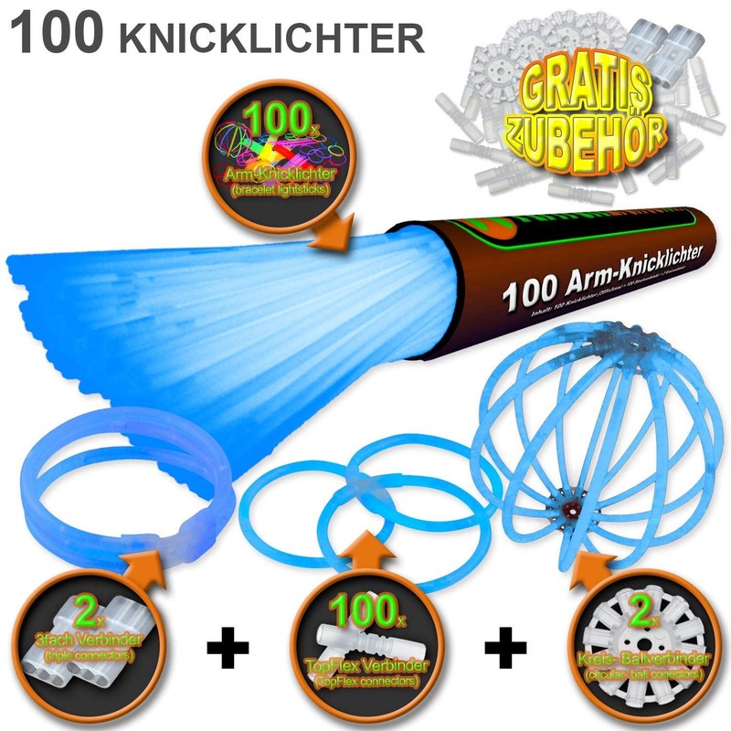NEON FUN 100 Glow Sticks Blue Includes 100x TopFlex 2x