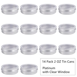 BENECREAT 14 Pack 2 OZ Tin Cans Screw Top Round Aluminum Cans Screw Lid Containers with Clear Window - Great for Store Spices, Candies, Tea or Gift Giving (Platinum)
