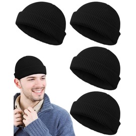 SUNYIWJIE 4 Pack Fisherman Beanies for Men, Short Knit Watch Cap Cuffed Trawler Hats(4pcs-Black)