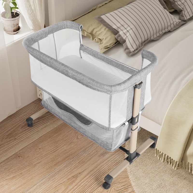 Cowiewie Bassinet Bedside Sleeper, Portable, Breathable, Adjustable Baby Bedside Bassinet