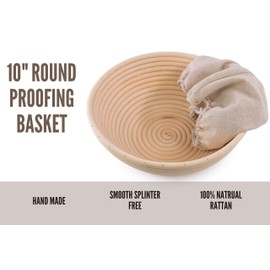 10" 100% Natural Rattan Round Homemade Bread Dough Proofing Proving Basket Banneton with Liner | Lame | Bush | Scrapper for Baking