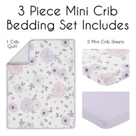 Sweet Jojo Designs Lavender Purple Boho Floral Girl Baby Mini Crib Bedding Set Infant Nursery Room Newborn Blanket Portable Pack n Play Sheets 3pc Pink Grey Bohemian Farmhouse Shabby Chic Watercolor