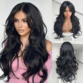 Jadeadyseg Black Wavy Wigs for Women Long Layered Wig with Curtain Bangs Long Black Layered Synthetic Wavy Body Wave Haircut Middle Part Natural Looking Hair for Women Daily Party Use 1B 24Inch
