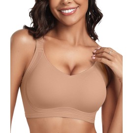 OEAK Womens Seamless Push Up Bras No Underwire Full Coverage Comfortable Bra V Neck Bralettes Wireless Everyday Bra Apricot,M