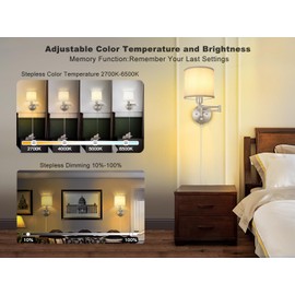Plug in Wall Sconces with Remote Control, Dimming & Adjustable Colors 2700K-6500K, Hardwire or Plug-in, Swing Arm Wall Lamp with White Fabric Shade, Wall Sconces Set of Two, Brushed Nickel Finish