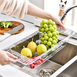 Krtresiar Draining Basket, Extendable Fruit and Vegetable Washer Colander Basket Countertop Storage Basket, Strainer Drainer Basket for Kitchen Sink (White)