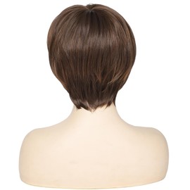 Yamel Brown Streaked Pixie Wig with Bangs for Daily Use or Cosplay, Natural Straight Layered Synthetic Hair Short Wigs for Women Ladies