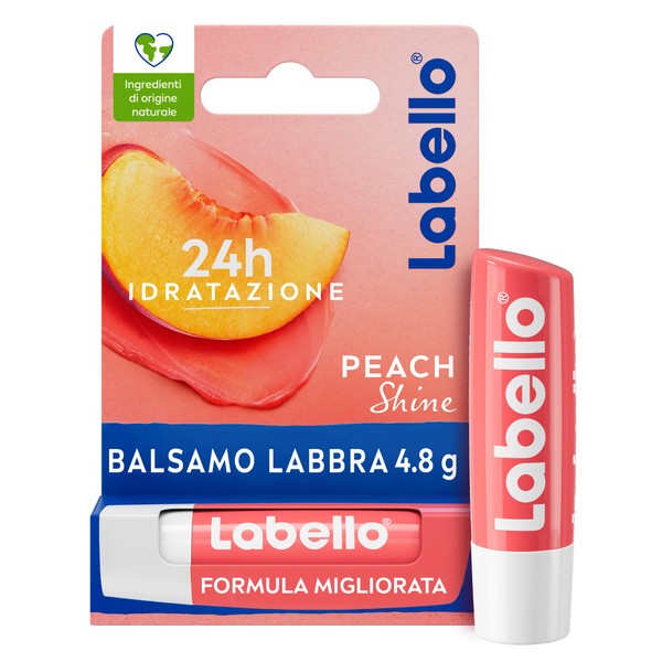 Labello Peach Shine Lip Balm Pack of 12 x 5ml Peach Shine Lip Balm Tinted Peach Flavour Lip Balm 24h Moisturizing Lip Balm with Natural Ingredients