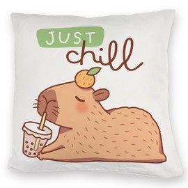 Capybara with Bubble Tea Cuddly Cushion with Saying Just Chill Kawaii Happy Capybara Relax in Bed Sleeping Like on a Water Bed Cute at the Bedside Table