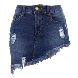 chouyatou Women's Stretch Fit 5-Pocket Irregular Frayed Hem Mini Denim Jean Skirt (Medium, Dark Blue)